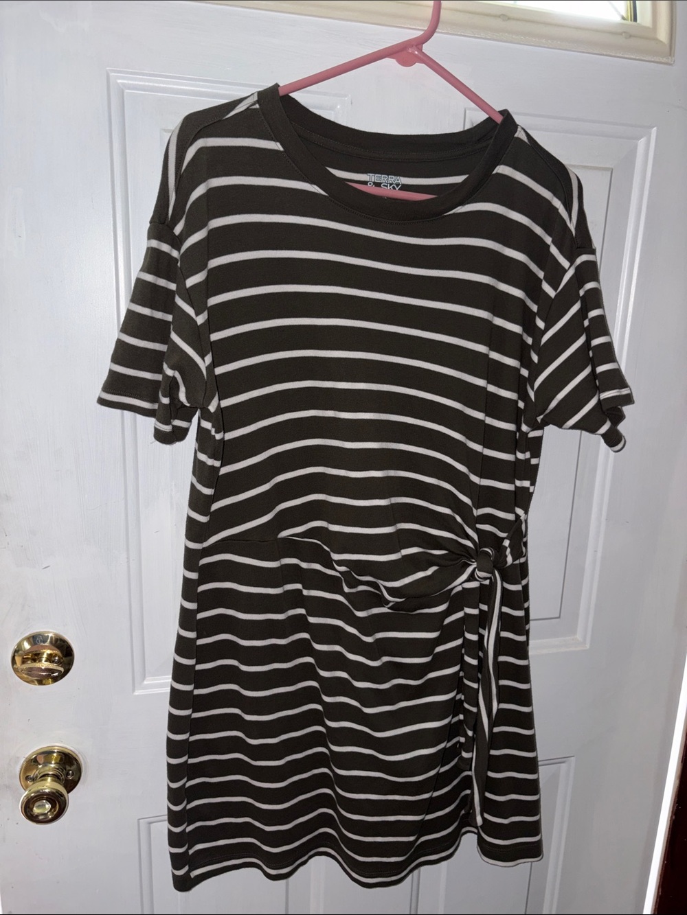 Terra & Sky Olive and White Striped Tshirt Dress